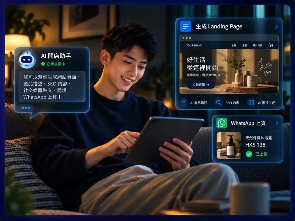 Shopage AI 開店助手示意:生成網店頁面、產品描述、SEO 內容及圖片,並透過 WhatsApp 上貨。